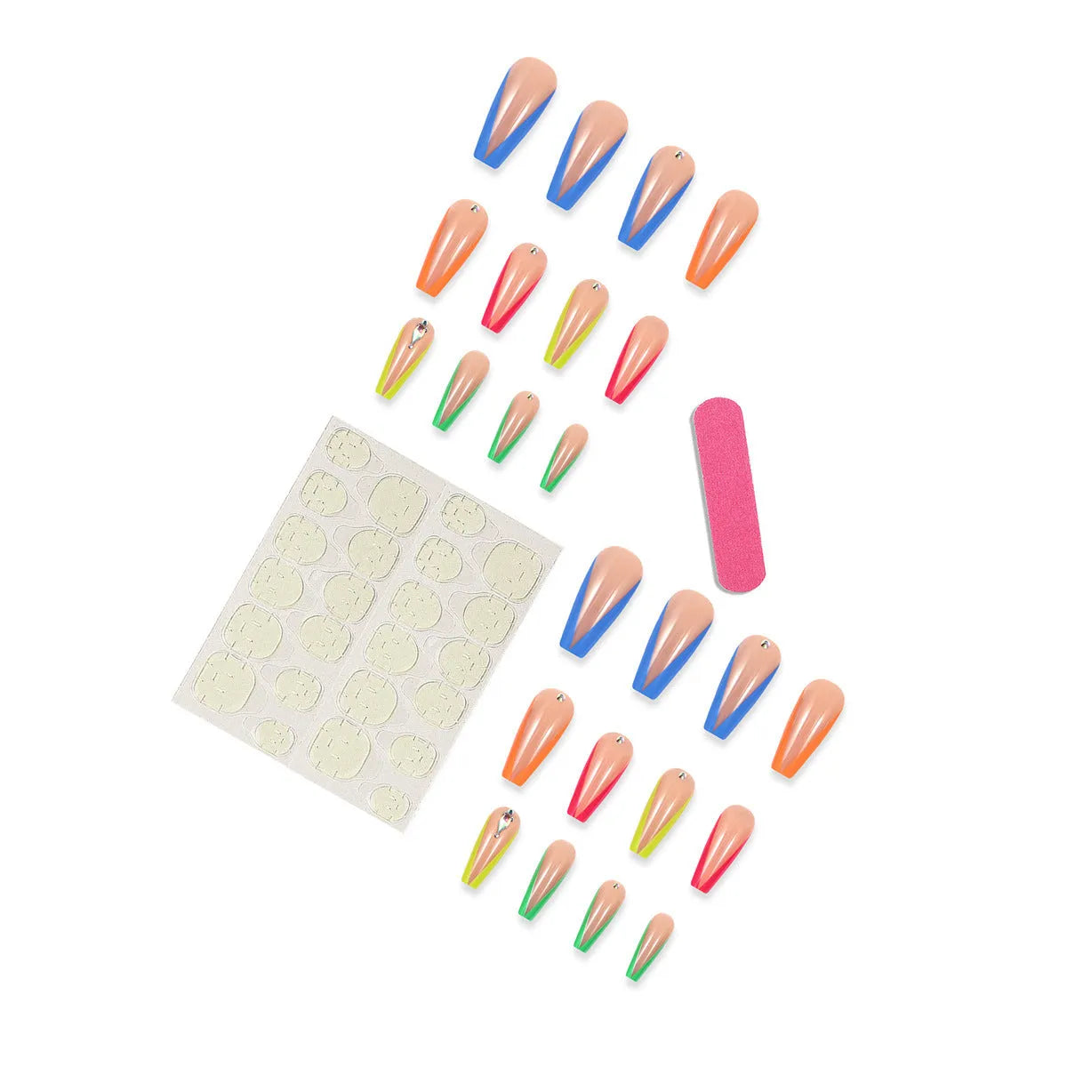 Detachable false nail tips with diamond colour French finish and red cartoon cross-heart pattern.