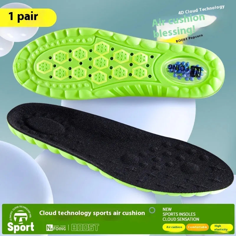 Green PU sports insoles with air cushion and argwormwood, shown with size scale.