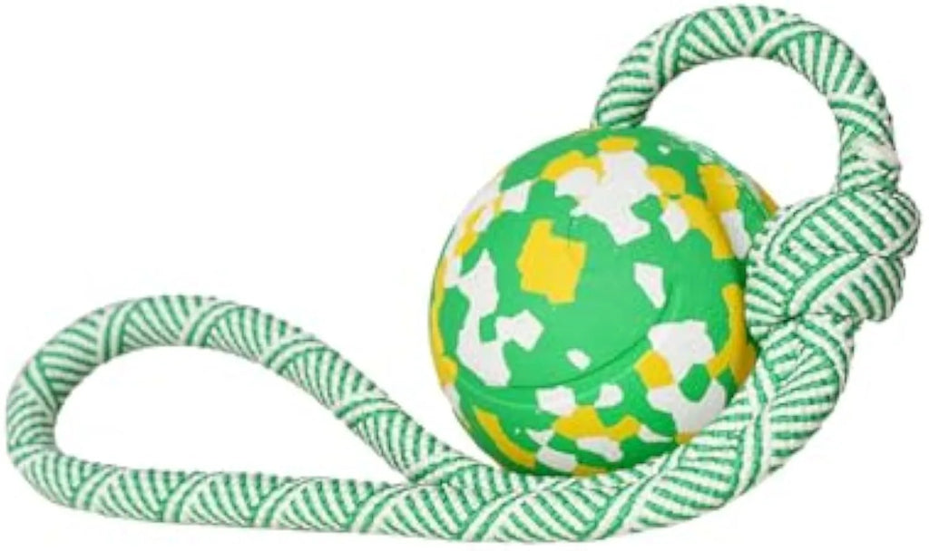 Natural rubber dog ball attached to a nylon rope for fetch and tug games.