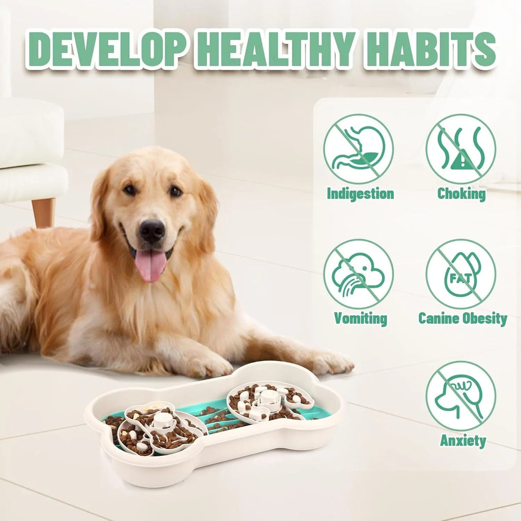 Large green slow feeder dog bowl with three-tier puzzle design for dry and wet food