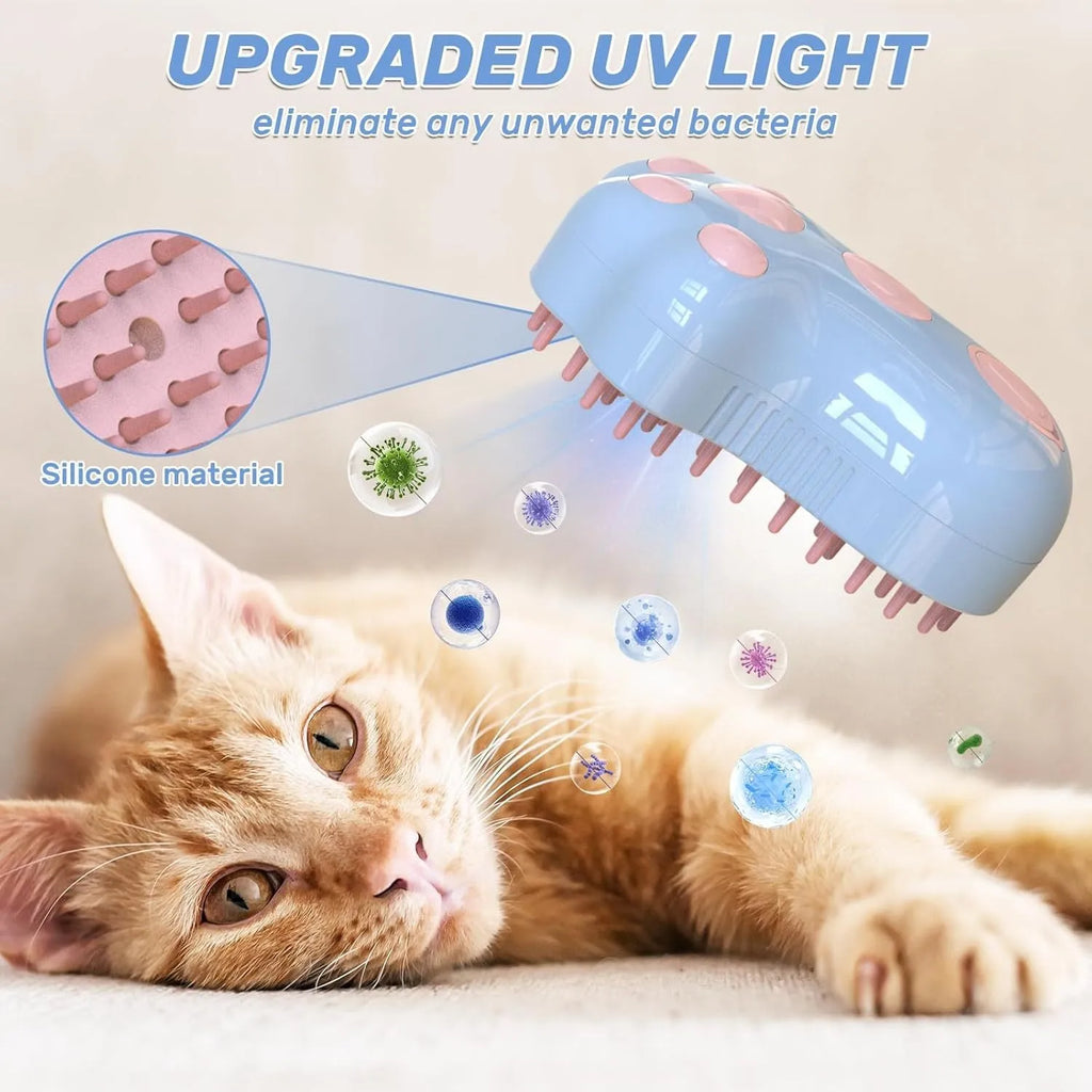 Blue self-cleaning cat steam brush with silicone bristles and a release button for pet grooming