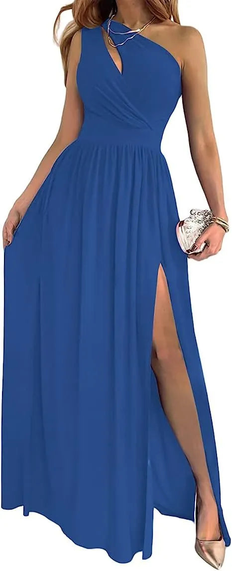 Women's apricot one shoulder maxi dress with high split and sleeveless cutout design.