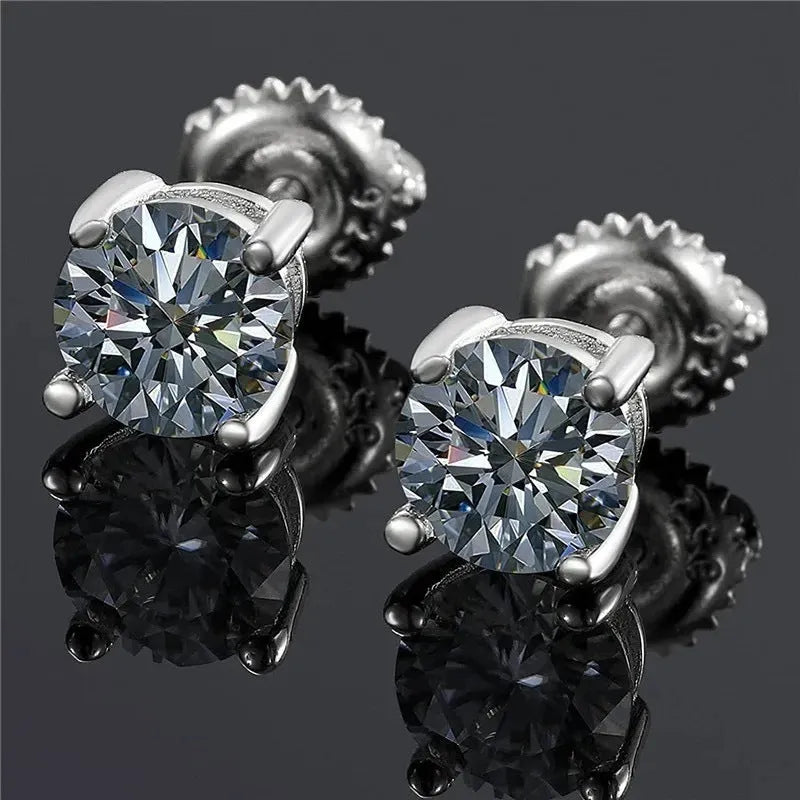 Silver screw-back moissanite stud earrings with four-claw setting and geometric shape design