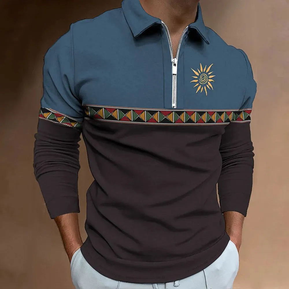 Men's loose fit long sleeve golf t-shirt with retro colour printing and zip decoration