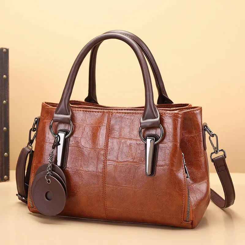 Retro contrasting color large capacity horizontal square shoulder bag with single strap and zipper compartments in PU material