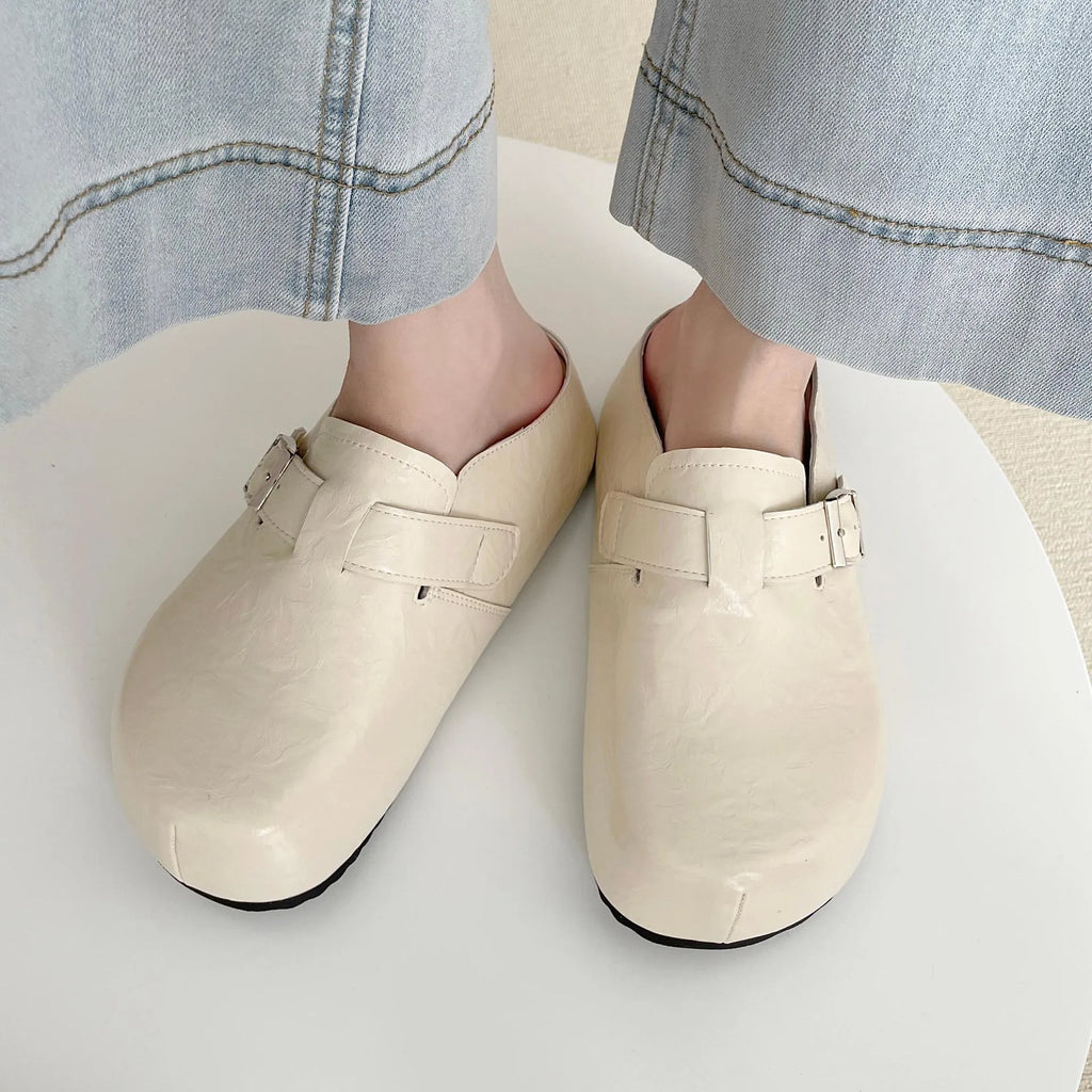 Flat buckle casual sneakers with round toe in yellow, creamy-white, silver, or black colours