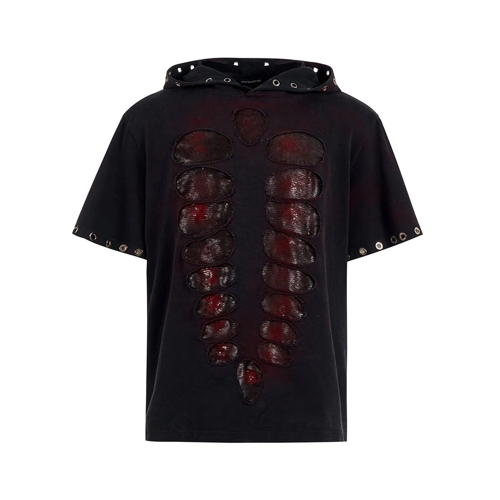 Black men's hooded short-sleeved t-shirt with sequin detailing, loose fit, shown in casual wear setting