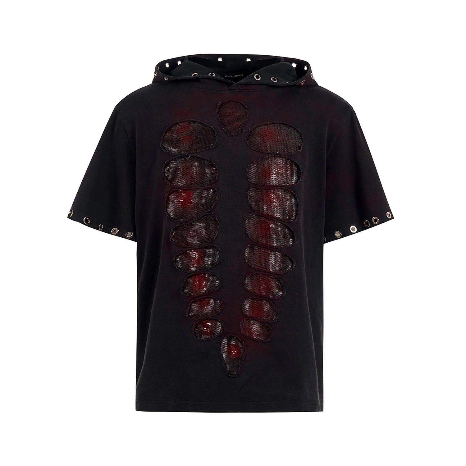 Black men's hooded short-sleeved t-shirt with sequin detailing, loose fit, shown in casual wear setting