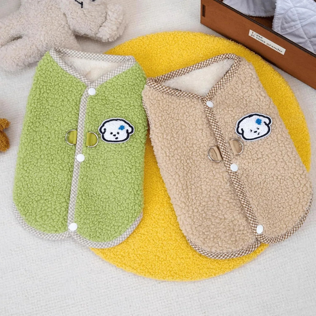 Green thickened coral fleece dog sweatshirt vest with a leash ring on a small dog.