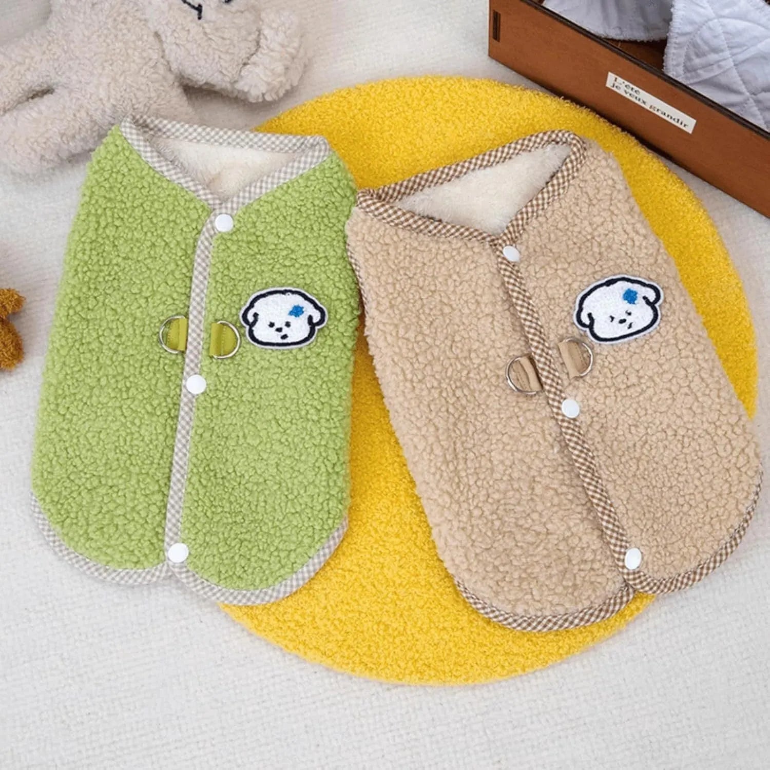 Green thickened coral fleece dog sweatshirt vest with a leash ring on a small dog.