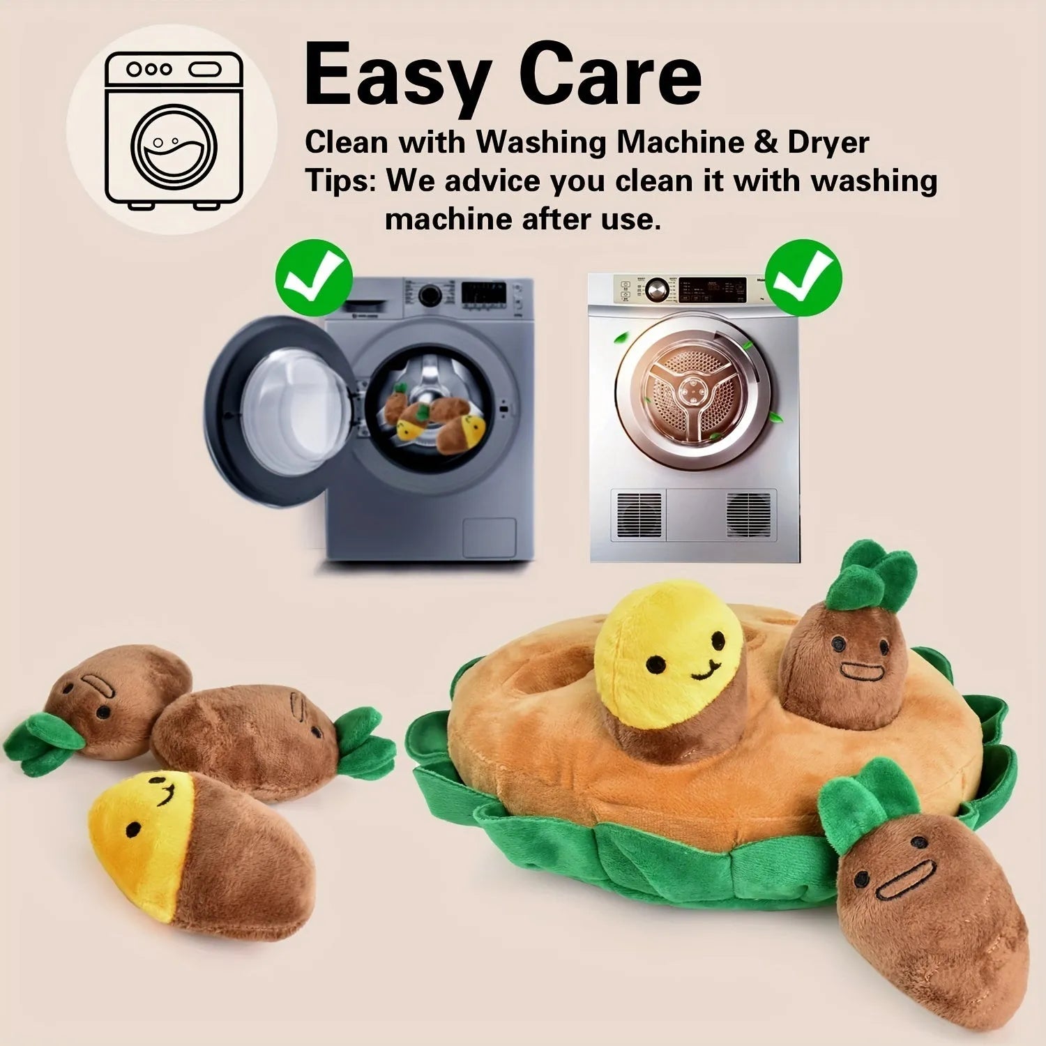 Interactive dog puzzle toy with yellow removable squeaky toys and sniffing pads on polyester base