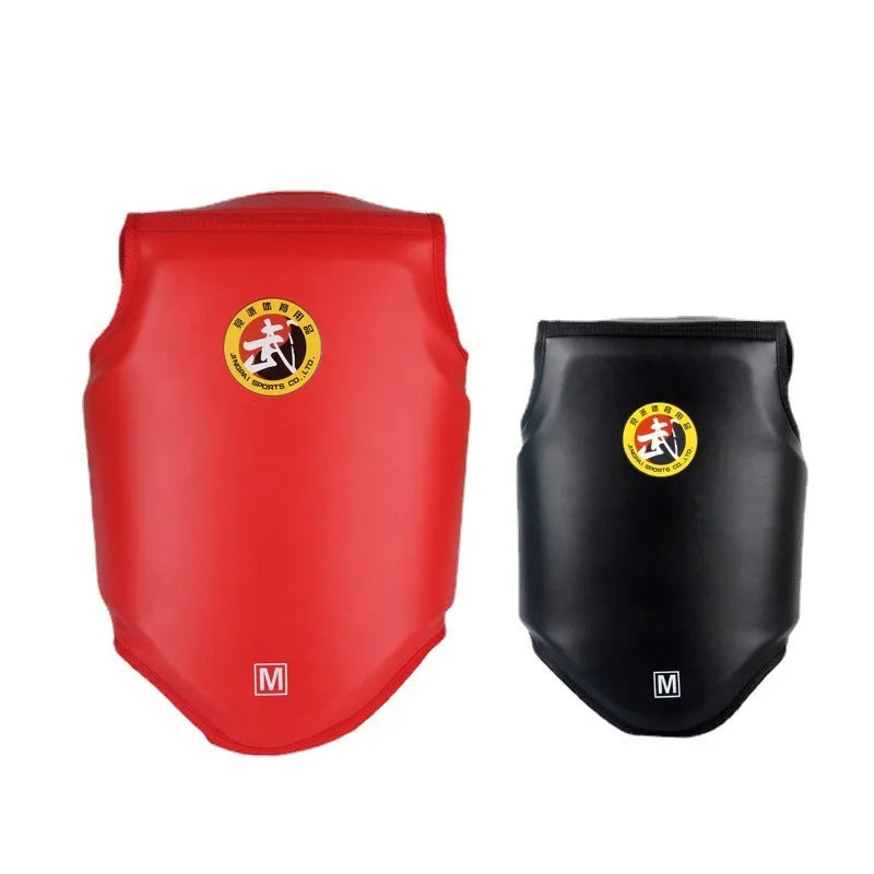 Red boxing helmet and matching one-piece chest protector for training.