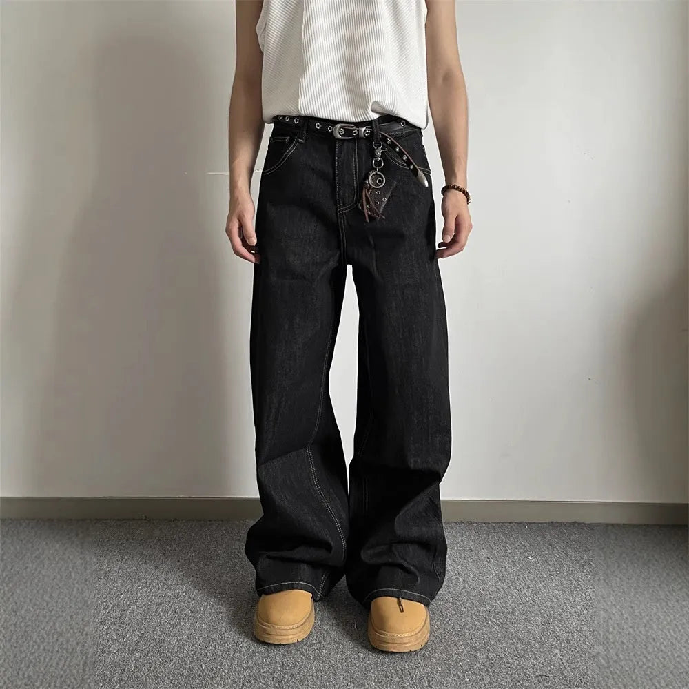 Black retro wide-leg jeans with straight-leg design and zip placket closure