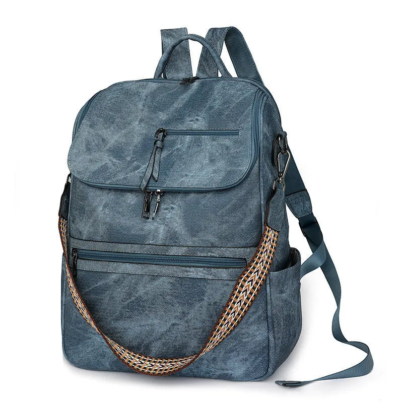 Retro college students backpack with curved shoulder straps in six colour options including black, blue, and yellow apricot