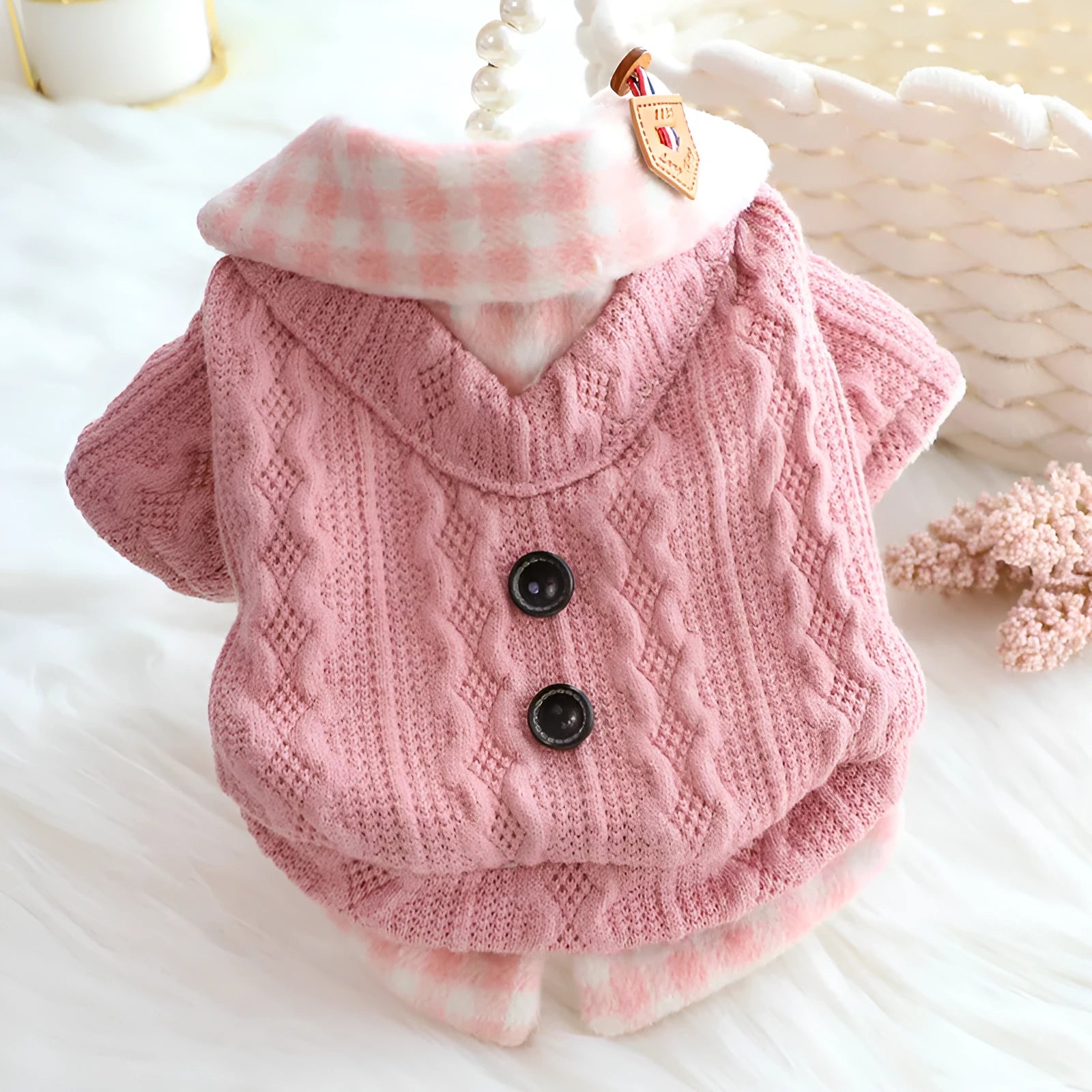 Blue wool plaid dog sweater with fake two pieces design and fleece lining