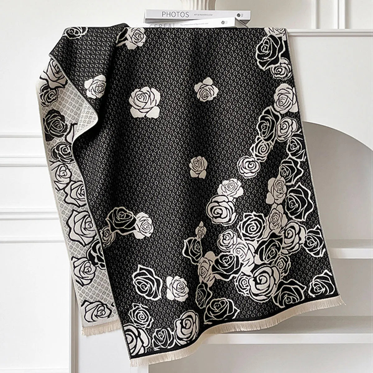 Imitation cashmere winter scarf with tassels in black blue grey or khaki colours