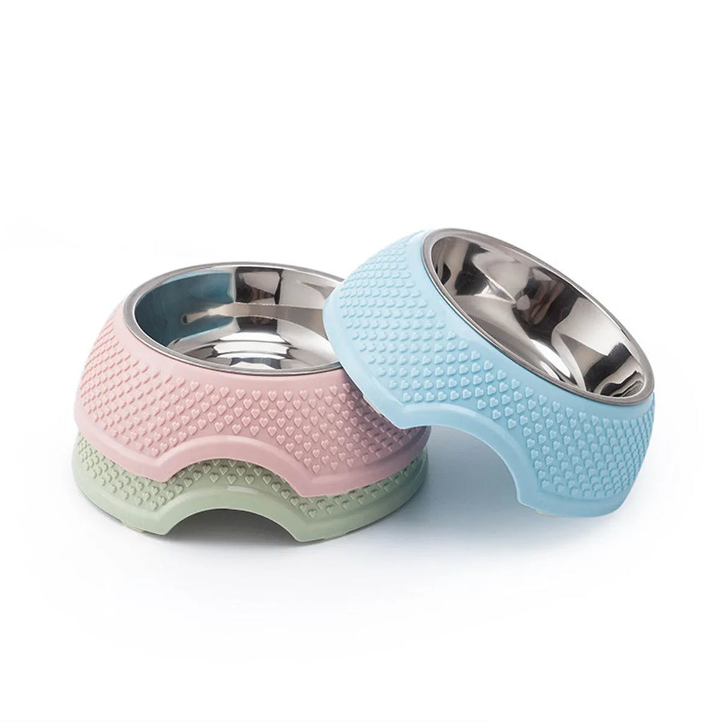 Stainless steel pet bowl with non-slip base in blue colour showing 19cm diameter