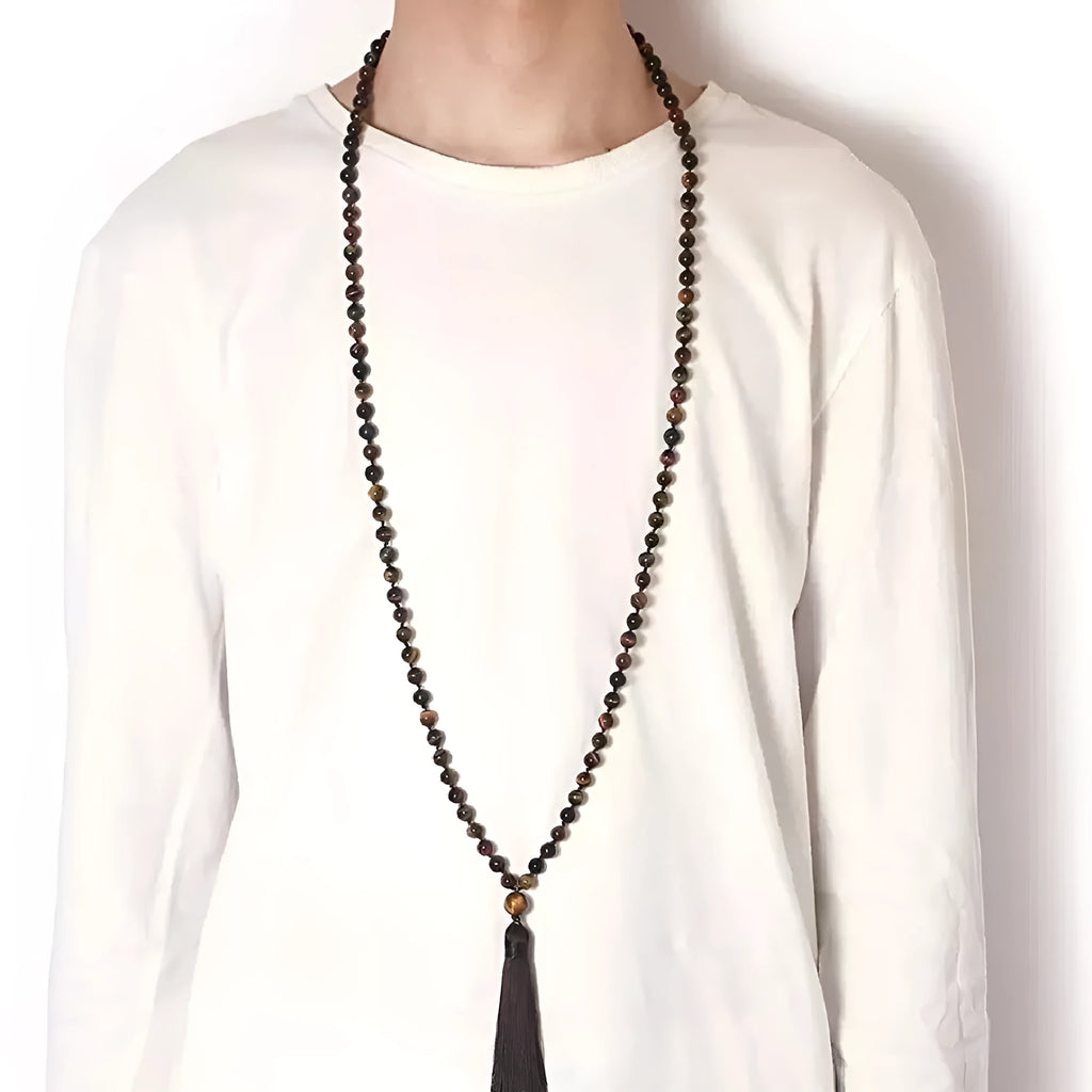 Agate geometric tassel necklace with amethyst blue pattern and multiple coloured stones at 95-100cm length
