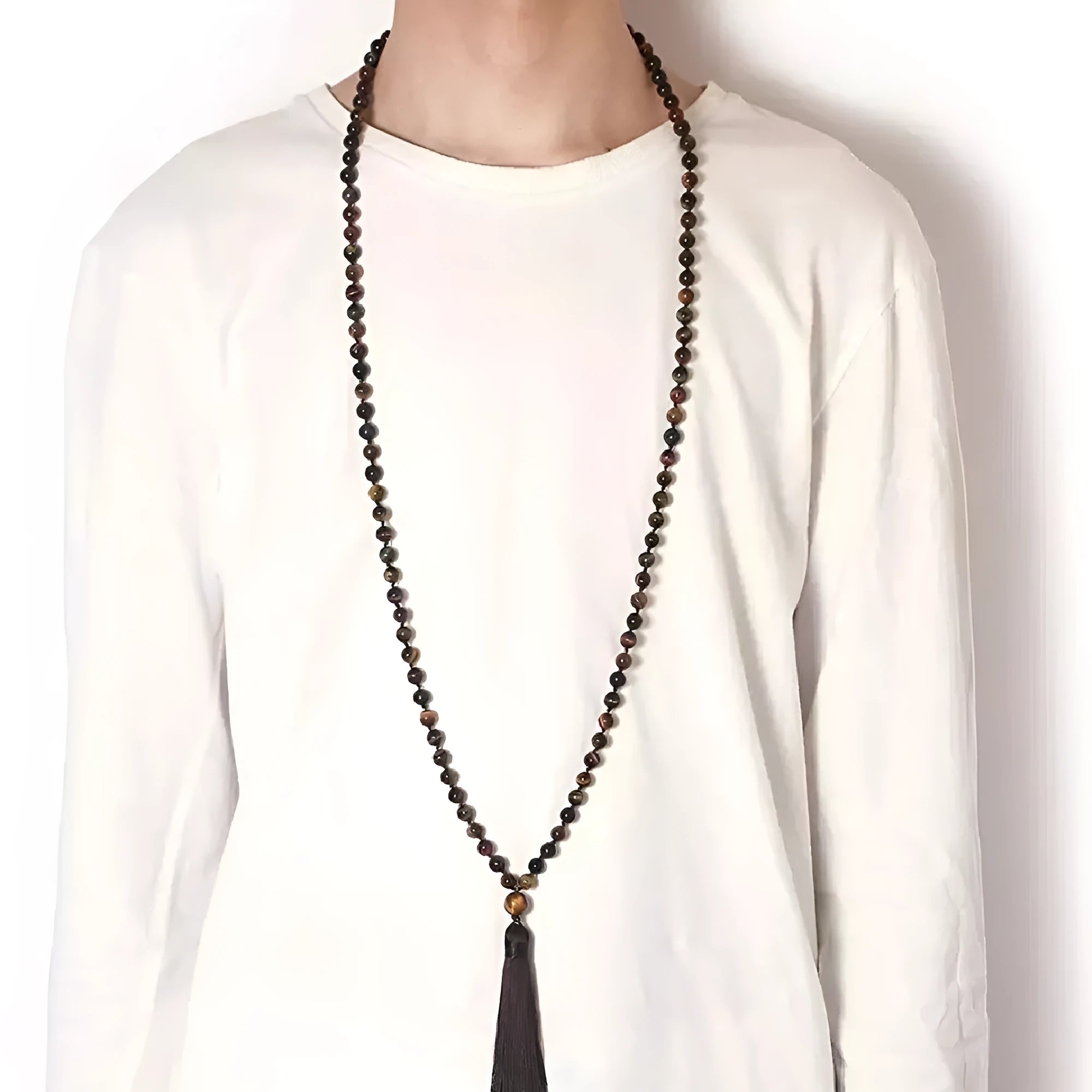 Agate geometric tassel necklace with amethyst blue pattern and multiple coloured stones at 95-100cm length