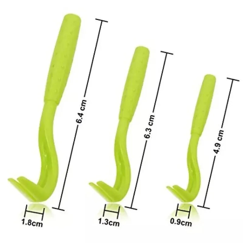 Set of three blue plastic pet tick removal hook tools on a white background.