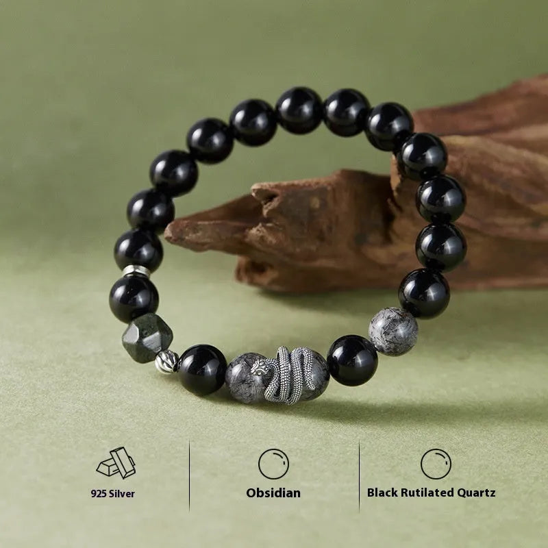 Men's S925 sterling silver bracelet with obsidian black snake motif measuring 10mm wide