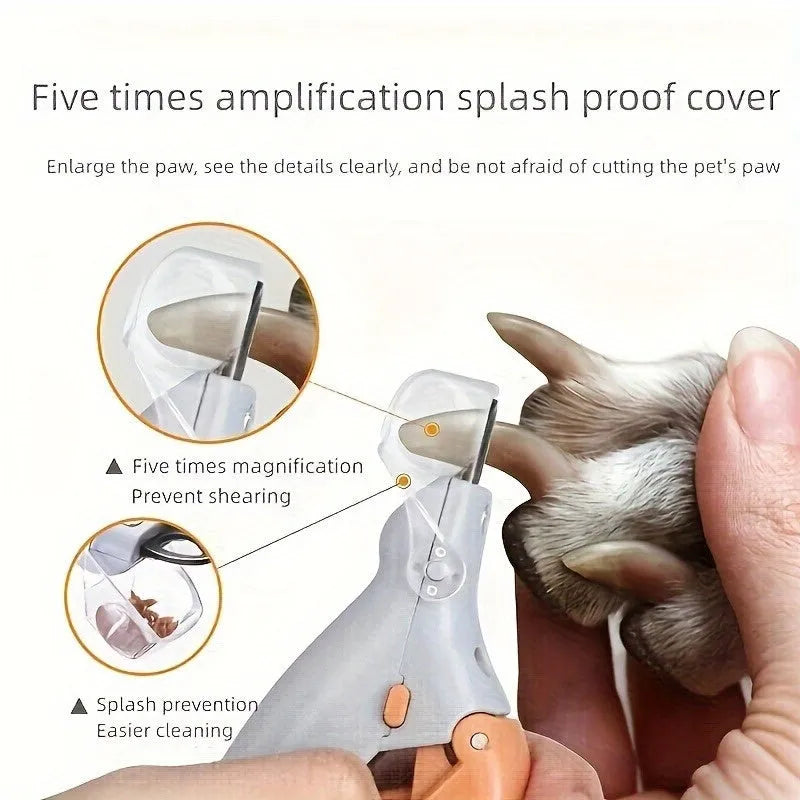 Yellow LED pet nail trimmer with magnifying glass, showing the cutting head and ergonomic handle.