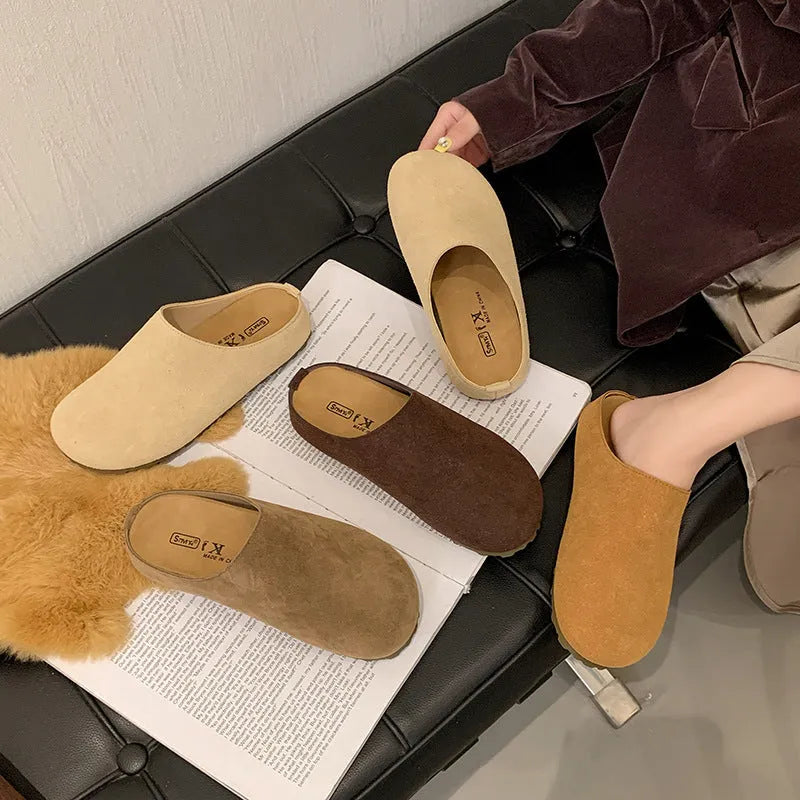 Microfiber outdoor slip-on slippers with square toe design in apricot colour
