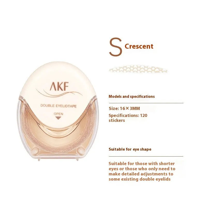 Roll of 120 invisible lace double eyelid stickers in packaging, showing Crescent and Olive shape options.