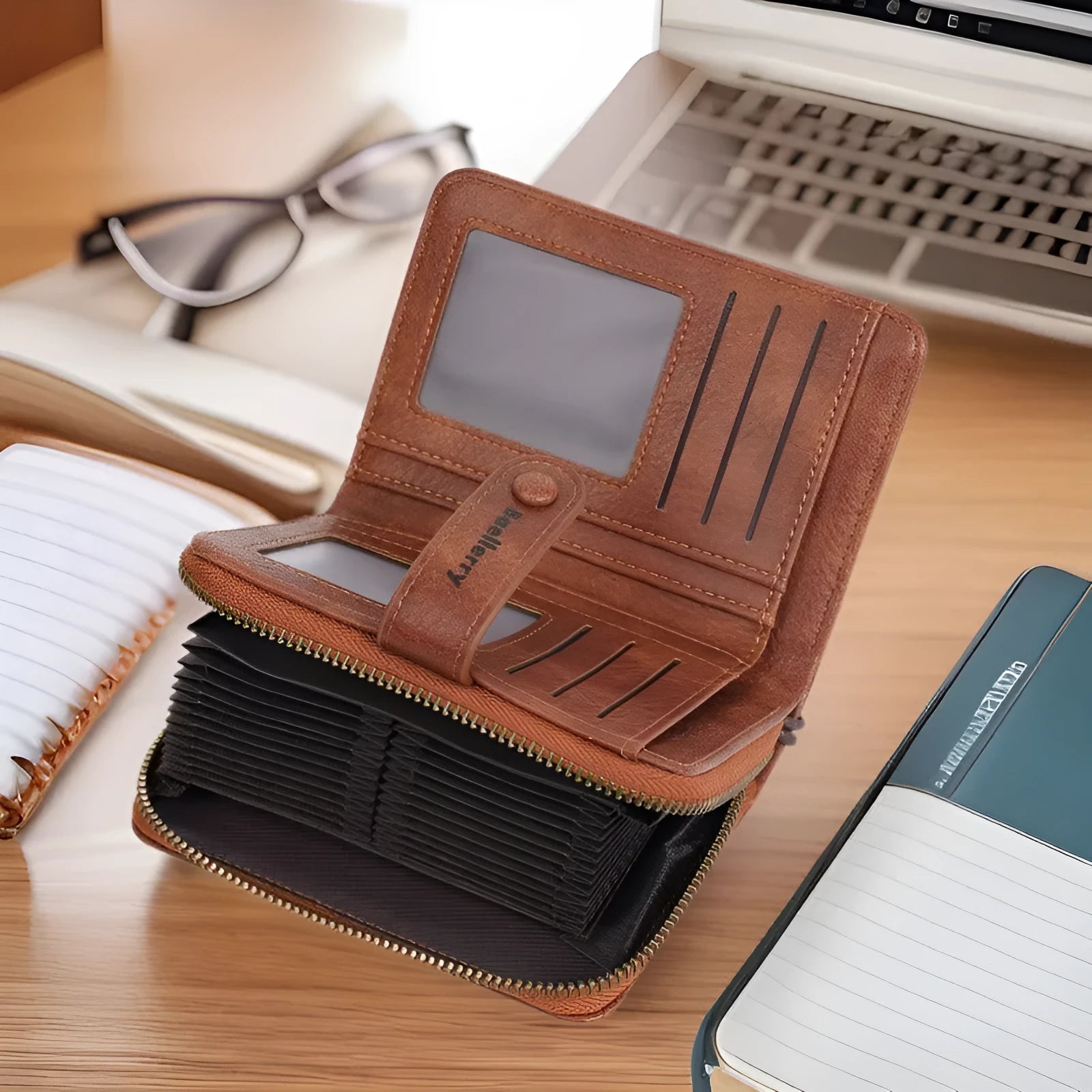 Women's black PU leather zipper coin purse with integrated card slots lying open.