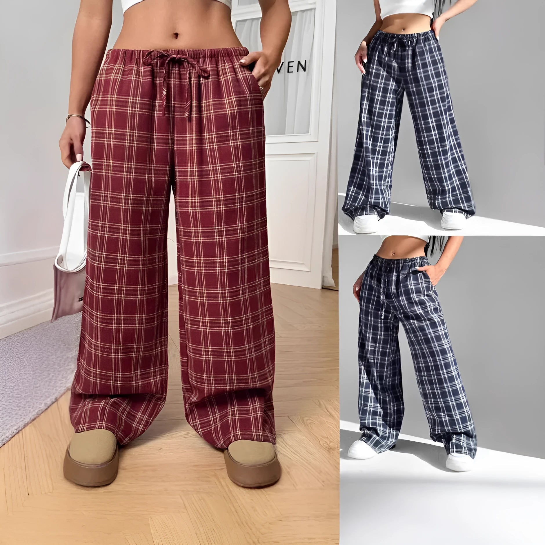 Women's loose-fit plaid trousers with drawstring waist and side pockets in blue or red