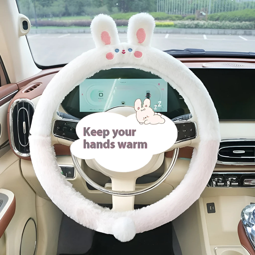 Plush rabbit fur-style steering wheel cover with embroidered cartoon animal design for winter use