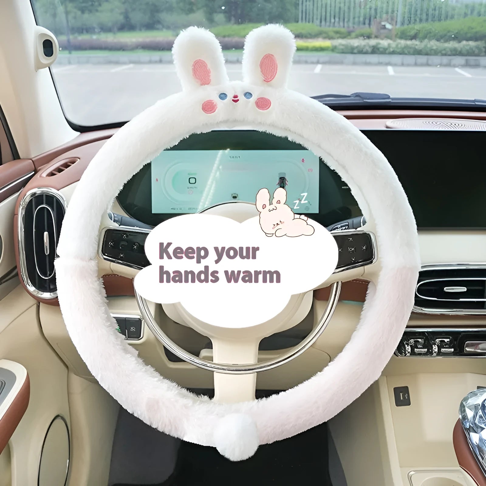 Plush rabbit fur-style steering wheel cover with embroidered cartoon animal design for winter use