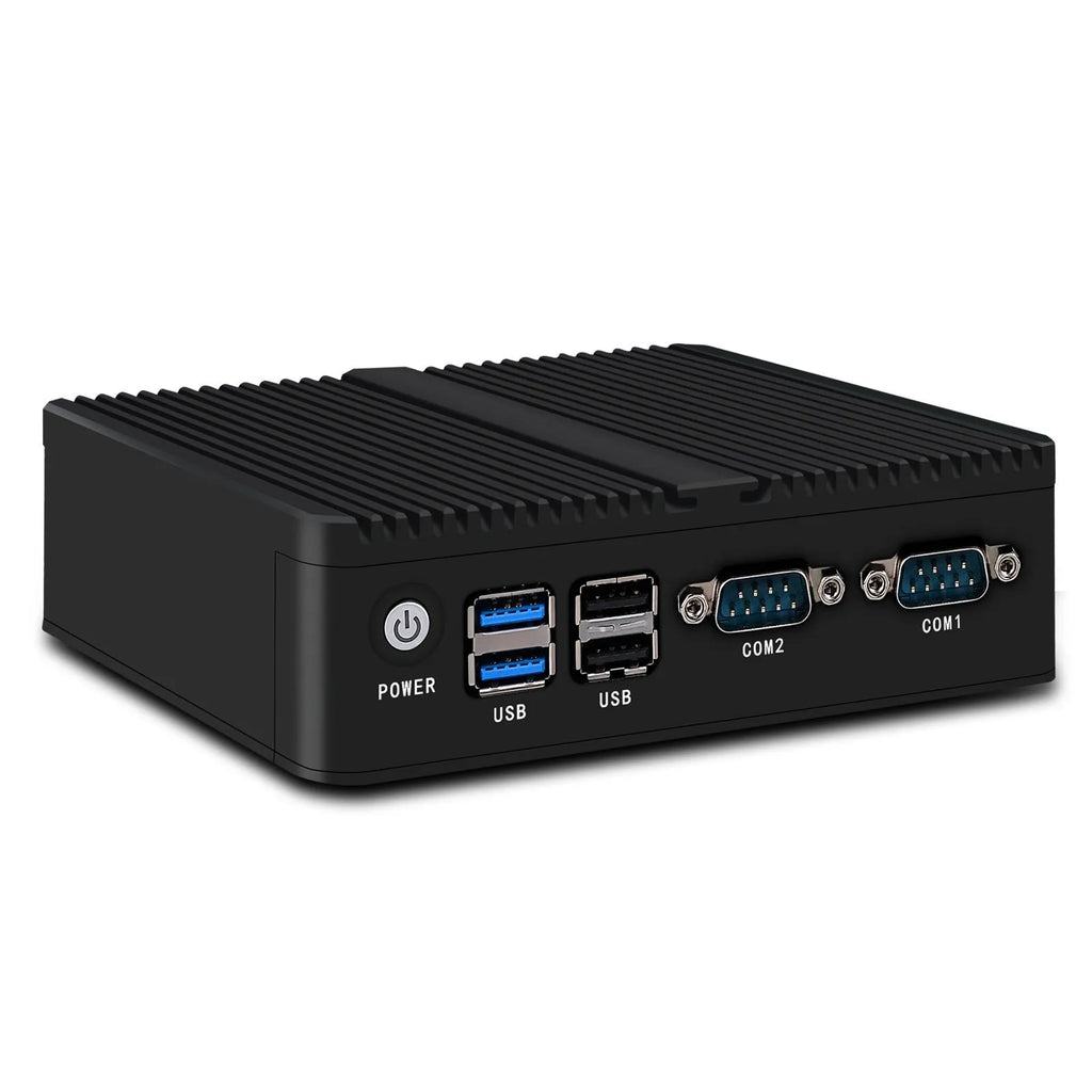 Industrial fanless mini host computer with dual network ports and quad-core processor in compact metal case
