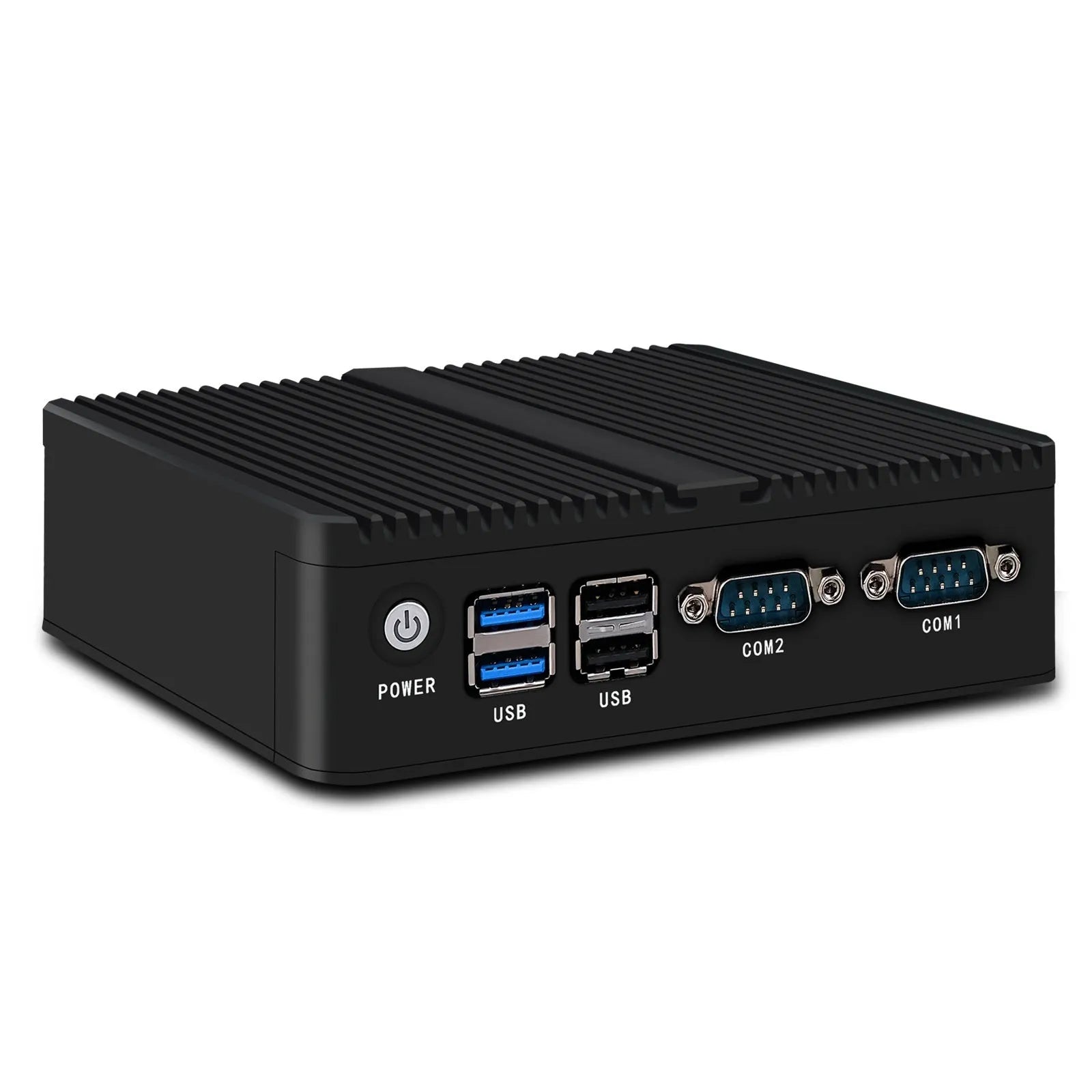 Industrial fanless mini host computer with dual network ports and quad-core processor in compact metal case