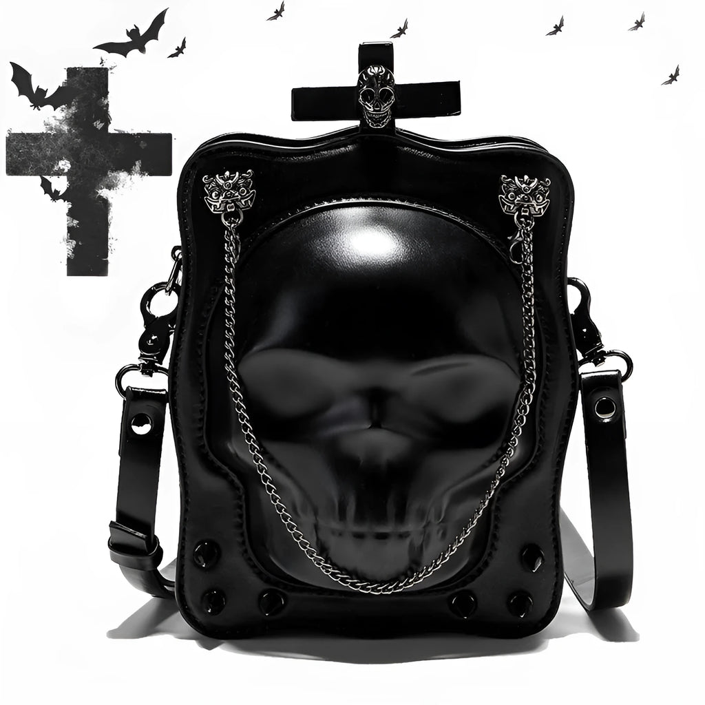Black mini square crossbody bag with Halloween skull embossed design and chain accents