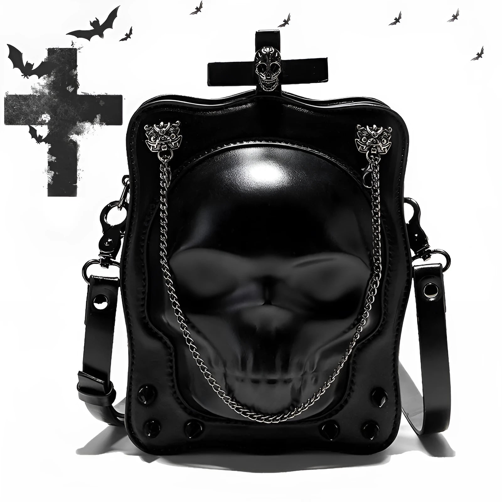 Black mini square crossbody bag with Halloween skull embossed design and chain accents