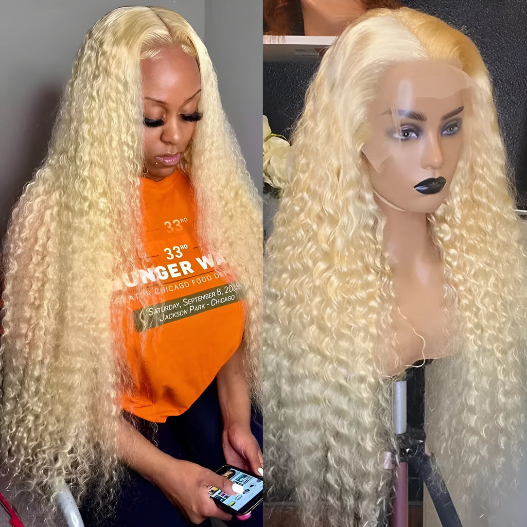 Long curly front lace full head wig for ladies in light gold high temperature fibre with side bangs