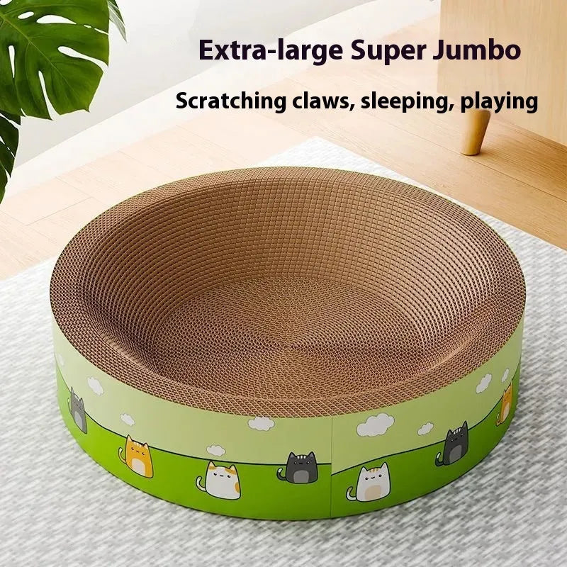 Large round corrugated paper cat scratching board with deep pits, shown in 45cm and 50cm sizes.