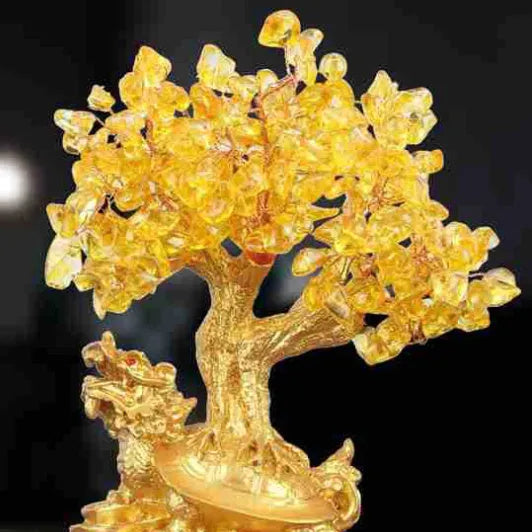 Citrine coloured small water turtle money tree resin ornament in Chinese style, 23cm high.