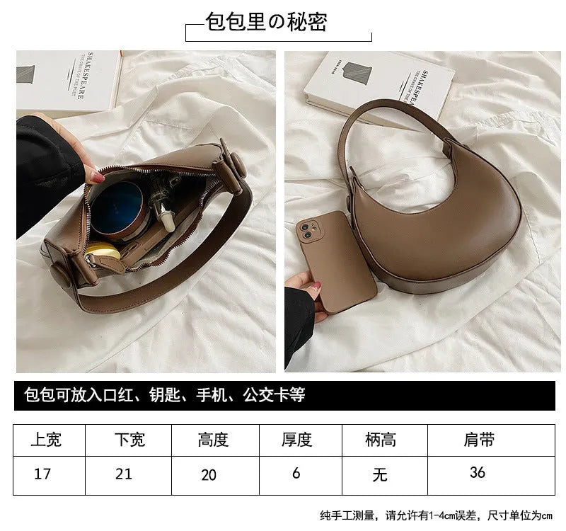 Women's retro dumpling-shaped shoulder bag in PU material with zipper organiser pocket