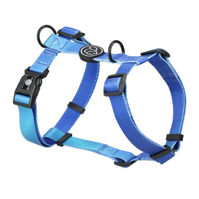 Gradient colour dog harness chest strap in polyester material showing purple and blue colour blend.