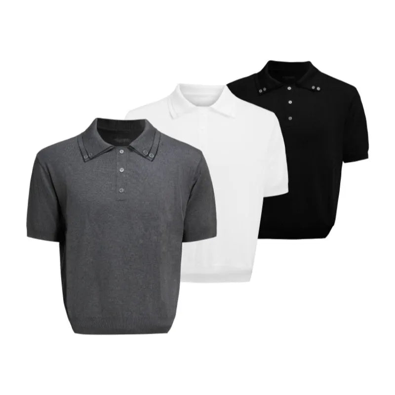 Man modelling a grey loose-fit polyester short-sleeve shirt with a double lapel collar design