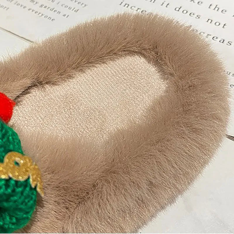 Women's Christmas hat design slippers with hairy faux plush upper, rubber sole, in black, khaki, or white.