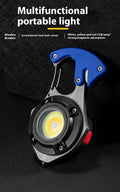 Compact multifunctional keychain flashlight showing light modes, window breaking hammer, screwdriver, and keyring attachment.