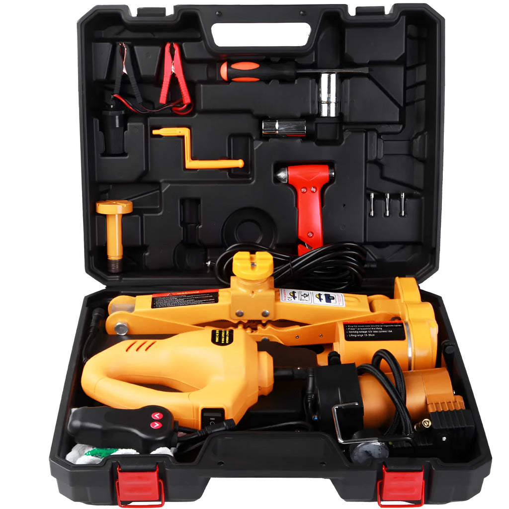 Yellow steel 12V electric car jack and wrench set for powered vehicle lifting and wheel nut removal.