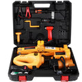 Yellow steel 12V electric car jack and wrench set for powered vehicle lifting and wheel nut removal.