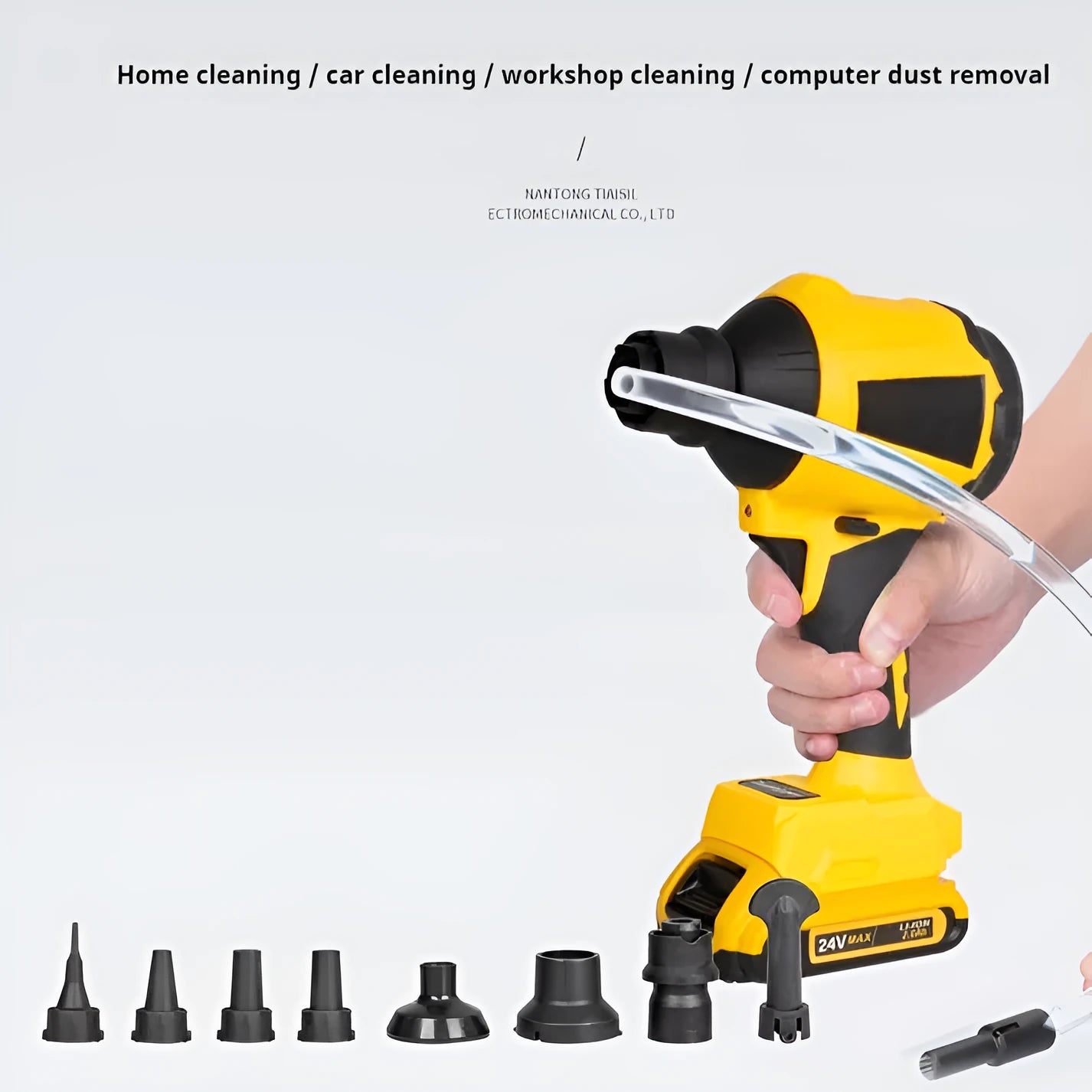 Yellow handheld portable dust blower and inflator pump with trigger and air nozzle.
