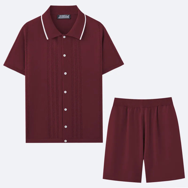 Khaki coloured short sleeve sweater top and matching shorts from a business casual two-piece set.
