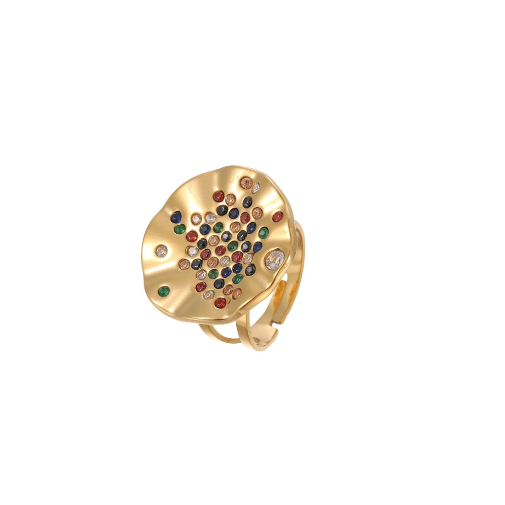 Open mouth geometry ring with colourful crystal inlays and electroplated titanium steel finish