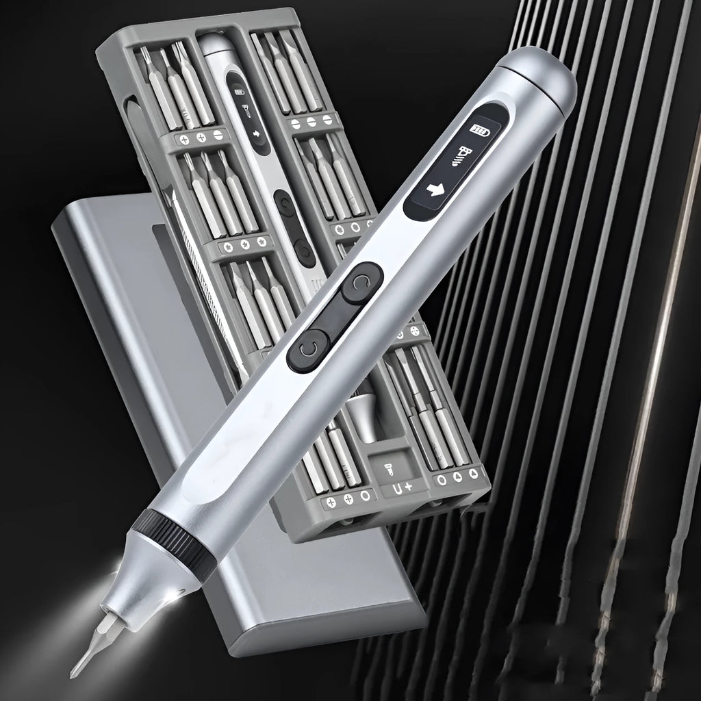 Aluminium electric screwdriver showing compact 134.5mm design with torque control settings